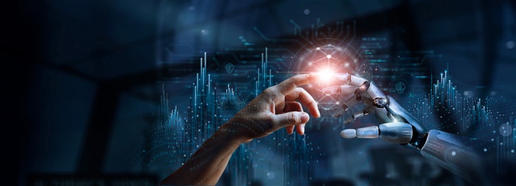 AI, Machine learning, Hands of robot and human touching on big data network connection.