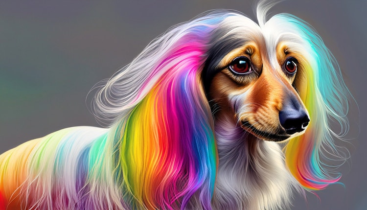 Image of a long haired dachshund with long flowing rainbow hair