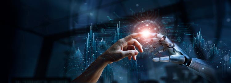 AI, Machine learning, Hands of robot and human touching on big data network connection.