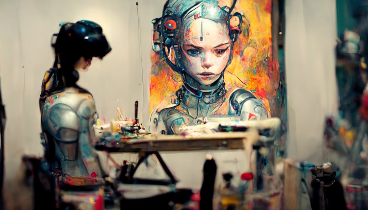 Humanoid AI robot working in an art studio painting a picture.