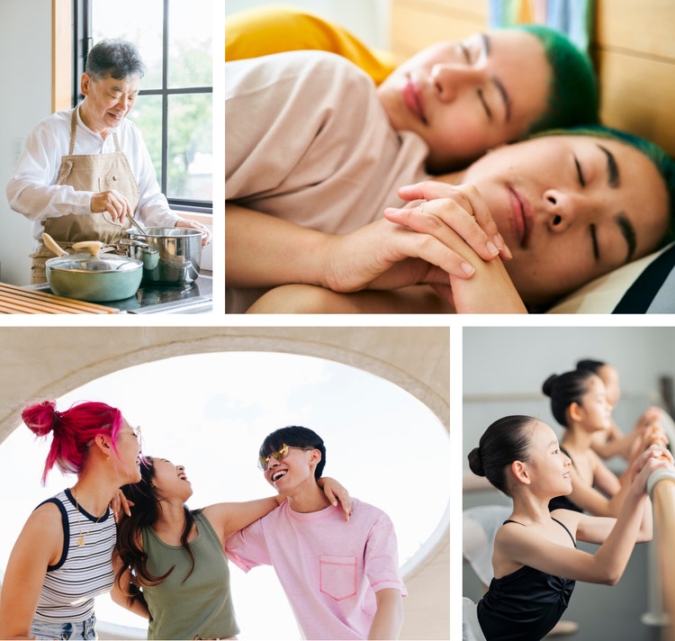 Collage of man cooking, two people napping, group of friends laughing together and young girls dancing.