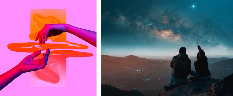 Images of two hands touching and two people looking at the night sky.