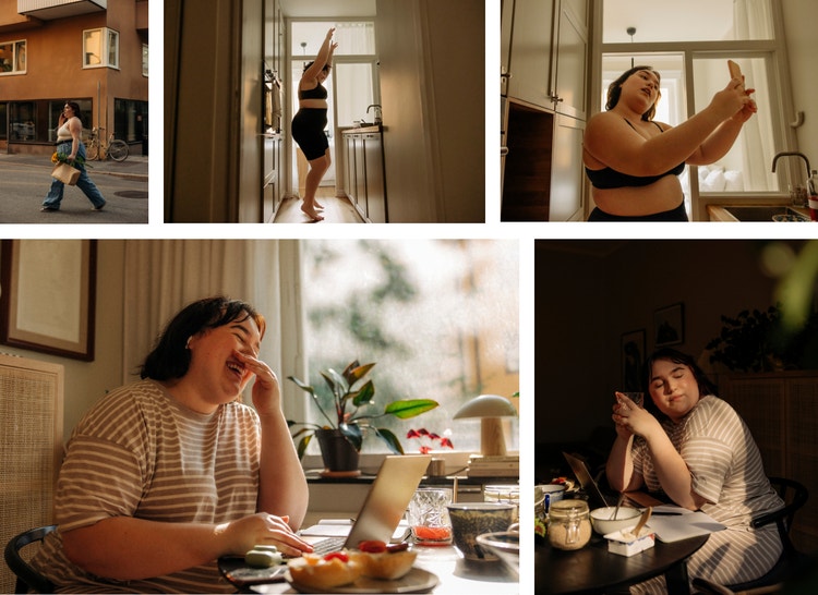 Collage of images of woman walking, dancing, taking a selfie, on a laptop and eating a meal.