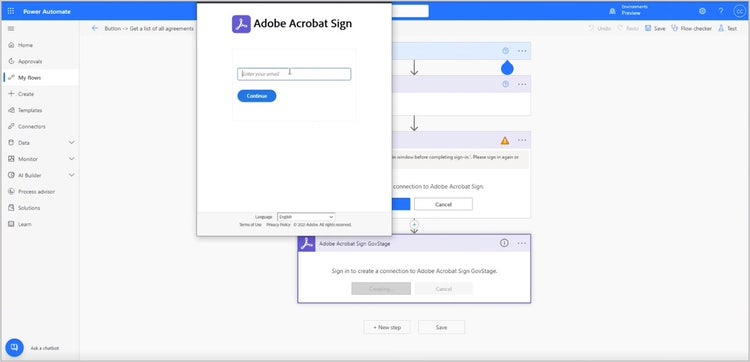 Image of Acrobat Sign connectors in Microsoft Power Automate in Government Community Cloud.