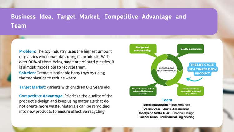 Business Idea, Target Market, Competitive Advantage and Team.