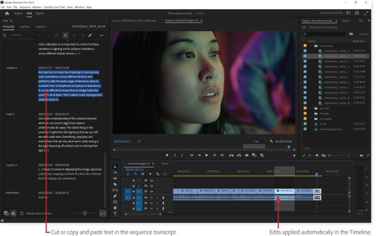 Image of a screen using text based editing in Premiere Pro.