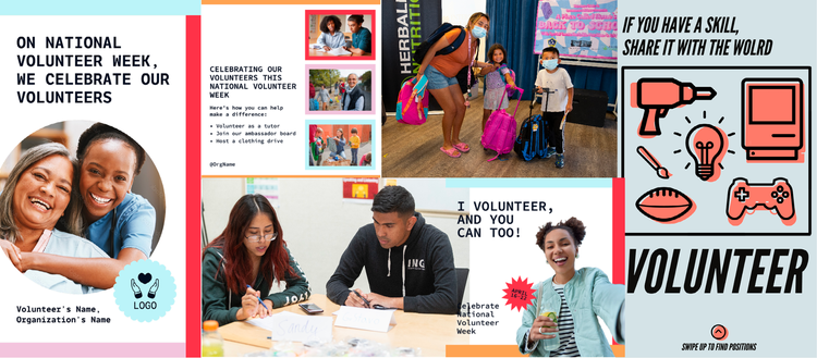Collage of Express templates for non-profits and images of people volunteering.