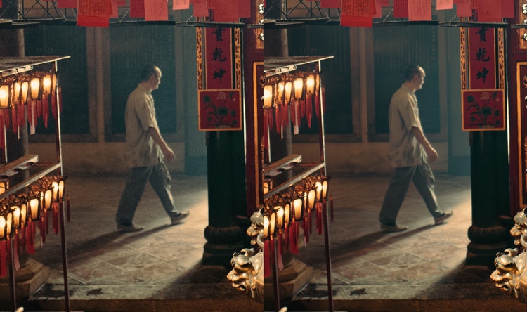 Before (left) and after (right) using Denoise in Lightroom. Image credit Pei Ketron.