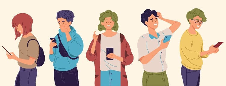 People using smartphones with different poses and expressions.