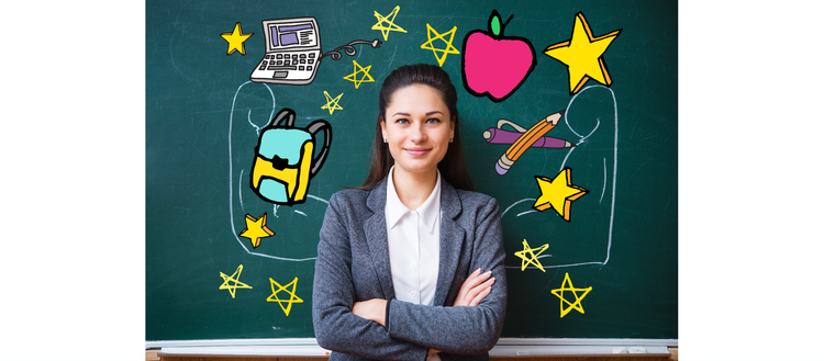 Teacher standing in front of chalk board full of animations.