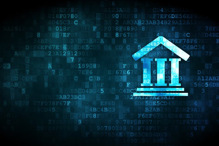 Pixelated Courthouse icon on digital background.