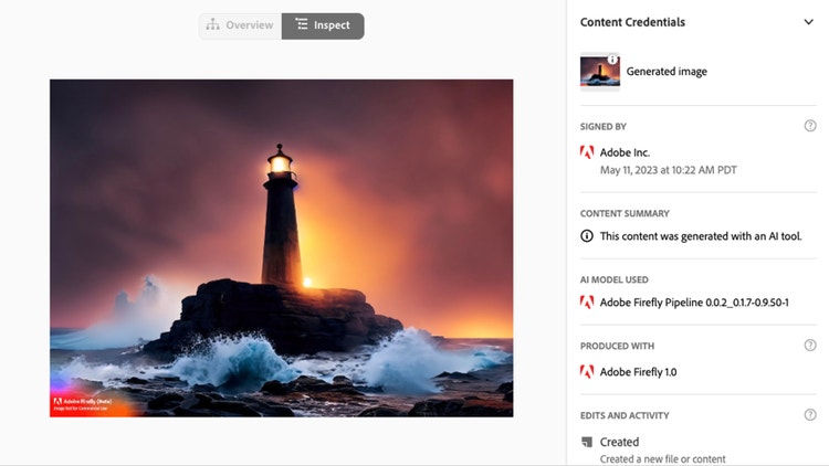 Content Credentials for an image created in Firefly indicate that the image was generated with an AI tool.