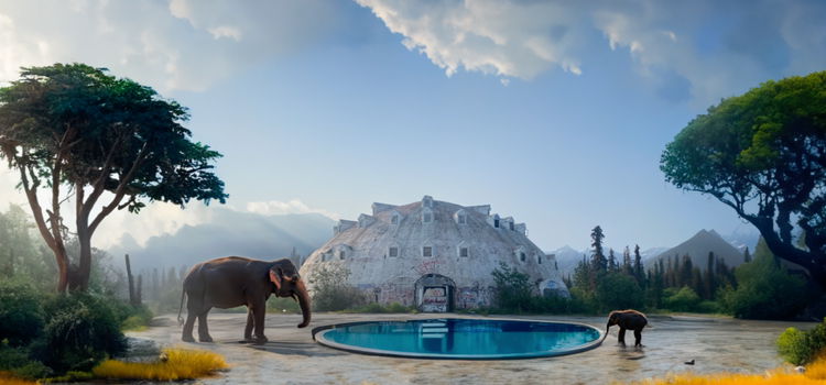 Still image of two elephants standing at a pool of water.