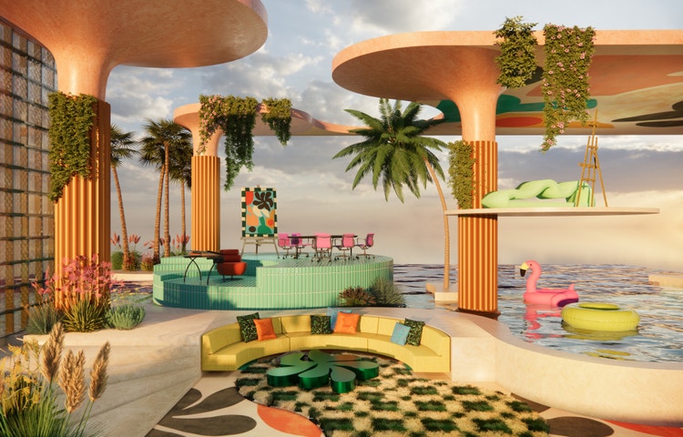 3D render of a tropical themed workspace
