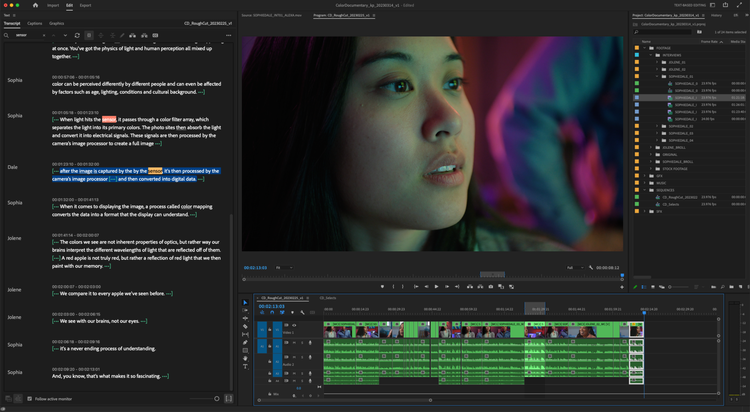 Screen shot of Premiere Pro using text-based editing.