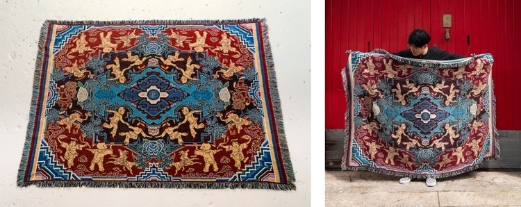 Blue and red patterened tapestry rugs created by Chris Yee