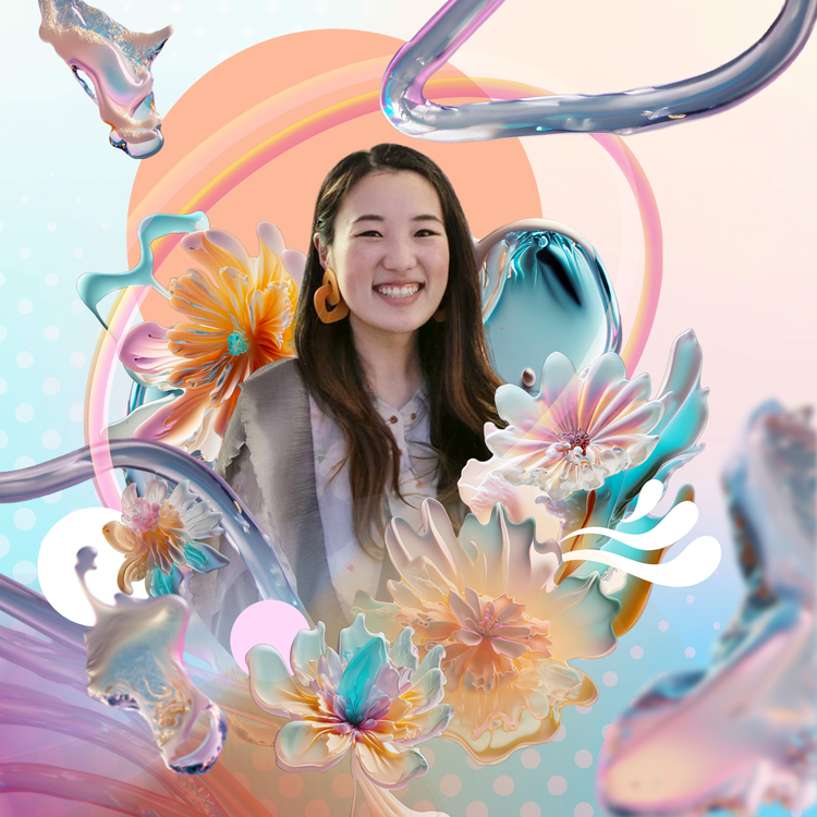 Created in Adobe Express, headshot of Joy surrounded by AI-generated flowers.
