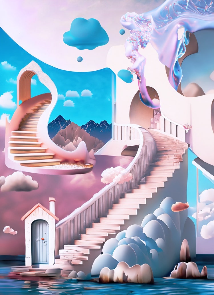AI-generated artwork of a staircase to a whimsical sky with pastel clouds