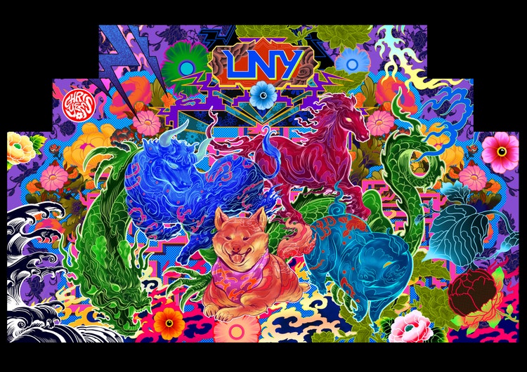 Lunar New Year mural with zodiac animals by Chris Yee