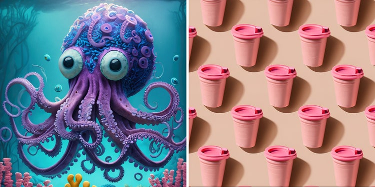 Image of a purple octopus and pink cups generated using Adobe Firefly.