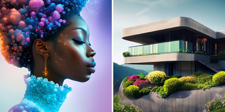 Image of woman with colorful hair and a house on a hillside generated using Adobe Firefly.