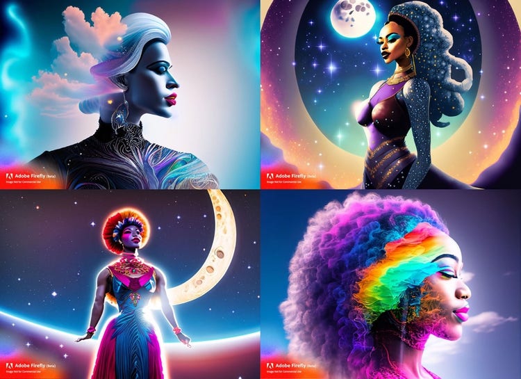 Four digital illustrations of women of different ethnicities each against a night sky with rainbow-hued lighting.