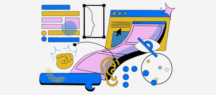 A digital illustration comprised of multiple components (clockwise from top left): a wireframe, a profile in outline inside a bounding box, a browser window unfolding from a computer screen, an eye symbol with a slash through it, the Adobe Color Accessibility tool, the letters “P” and “E” in Braille, a stylized ear, a horizontally-elongated speech bubble, and a raised fist.