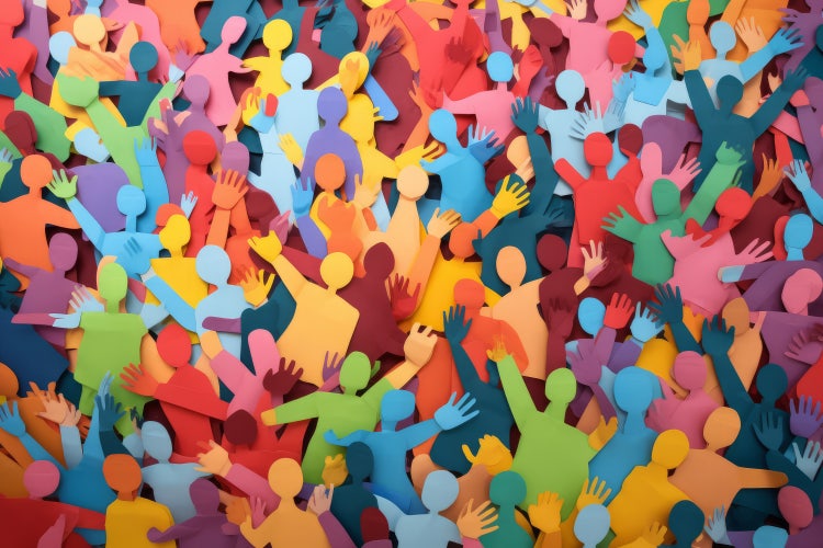 Large crowd of diverse people. paper cut out style