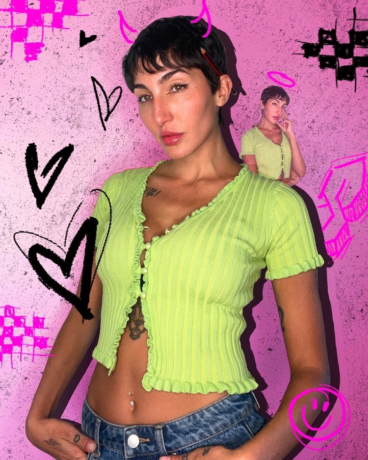 Headshot of Bianca Beers edited in Adobe Express with a pink background and graffeti effects