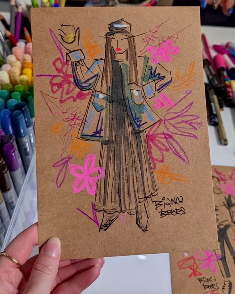 Fashion sketch of a women in coat and skirt surrounded by flowers by Bianca Beers