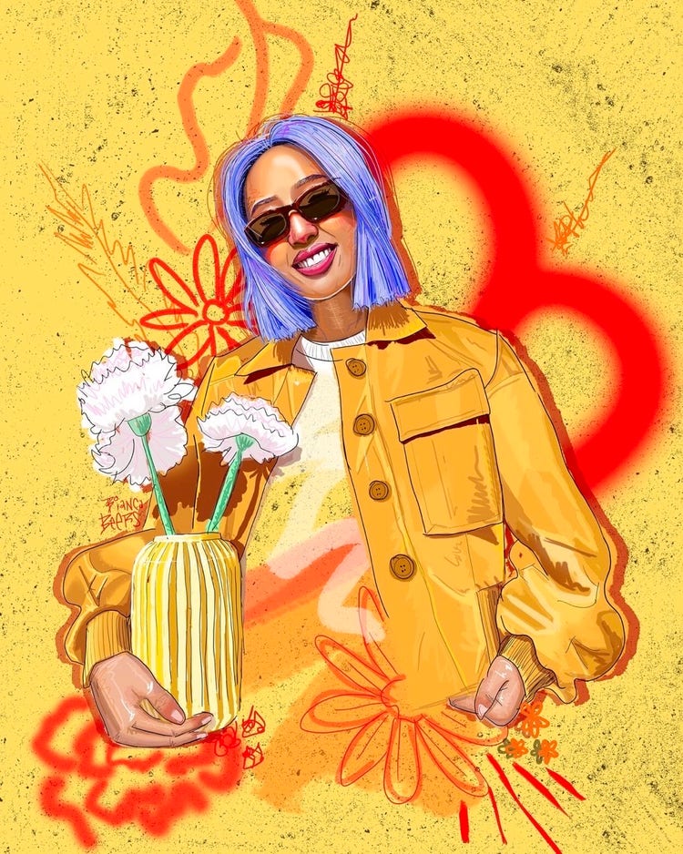 Digital illustration of a girl holding a vase of flowers