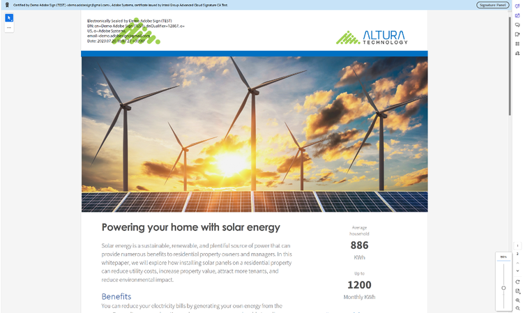 Screenshot of Altura Technology website with windmills in the sun.