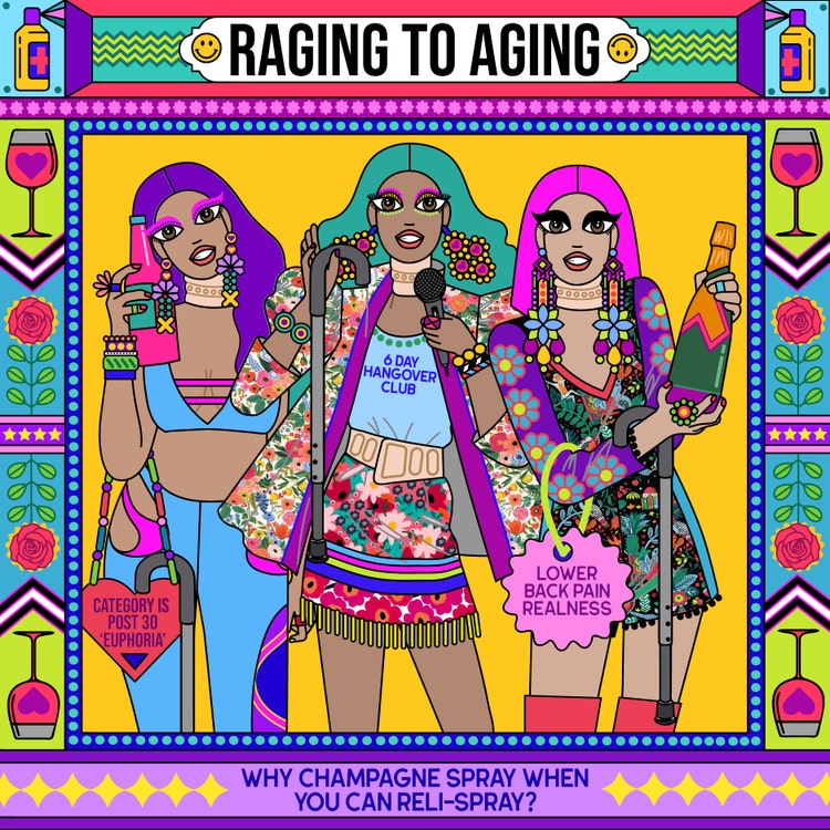 'Raging to aging' illustration of three women by Srishti