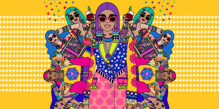 Colourful illustration of women in bold fashion with sunglasses and earrings by Srishti Gupta Roy
