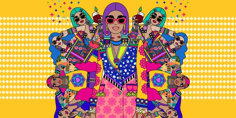 Colourful illustration of women in bold fashion with sunglasses and earrings by Srishti Gupta Roy