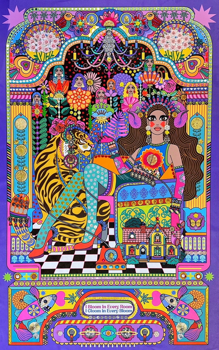 Illustration by Srishti Gupta Roy of a women sitting surrounded by other women, a tiger and bold abstract patters and bright colours.