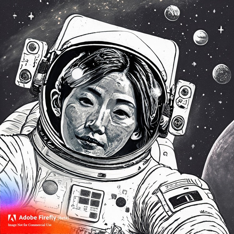 Graphic illustration of a woman astronaut, generated with Adobe Firefly
