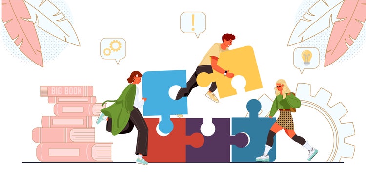Creative team working together connect business puzzle piece.