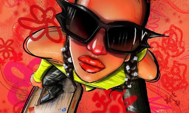 Digital illustration of women with sunglasses surrounded by red flowers by Bianca Beers