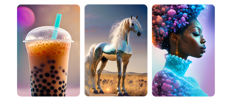 Image of a boba drink, shiny horse and woman created by Adobe Firefly.