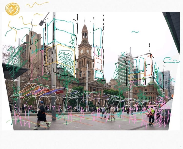 Victor's initial sketches over a photo of Sydney Town Hall