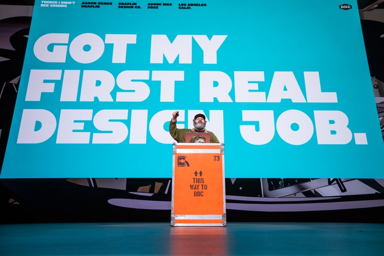 Aaron Draplin on stage at Adobe MAX