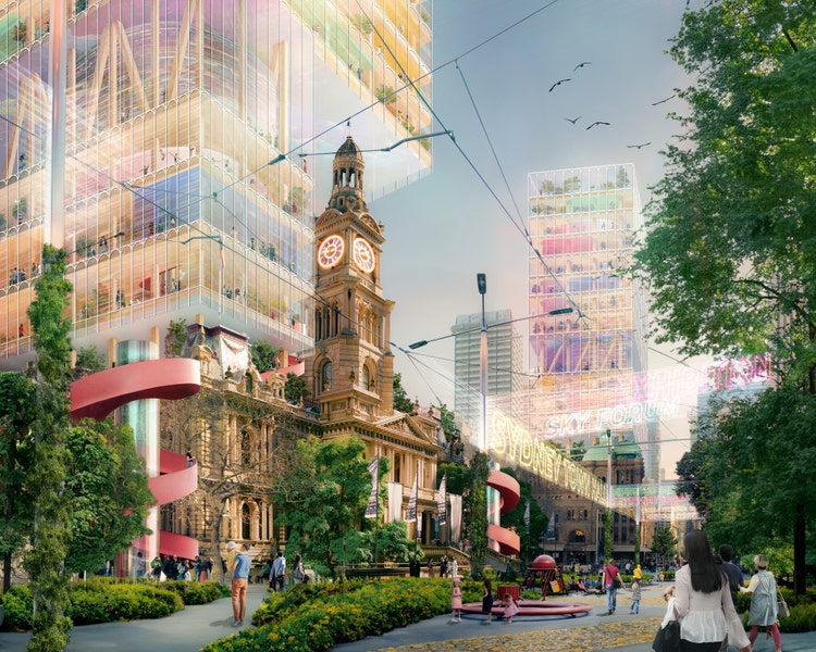 A city street with a clock tower with futuristic buildings and greenery surrounding it