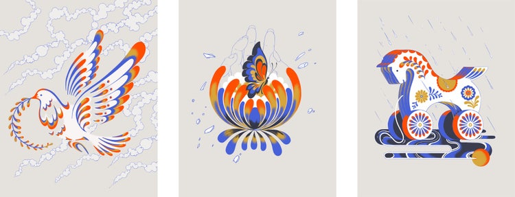 White, orange and blue illustrations of doves, butterflies and wooden toy horses.