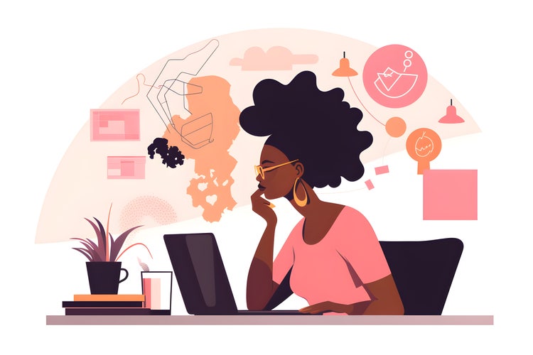 Flat vector illustration Business thinking, office laptop and black woman, creative agency or people working on advertising scheme.