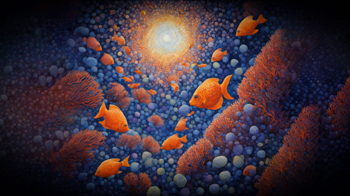 A painting of orange fish and coral.