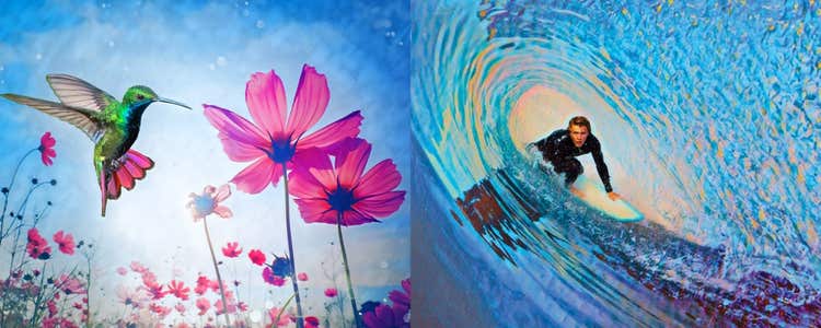 Image of a hummingbird and a surfer riding a wave created using Adobe Photoshop Elements 2024 & Premiere Elements 2024.