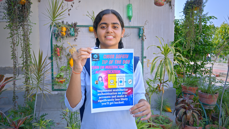 School girl holding up poster designed in Adobe Express