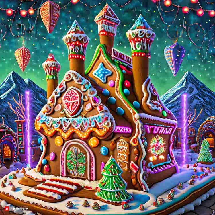 Gingerbread House: A gingerbread casino with neon lights.