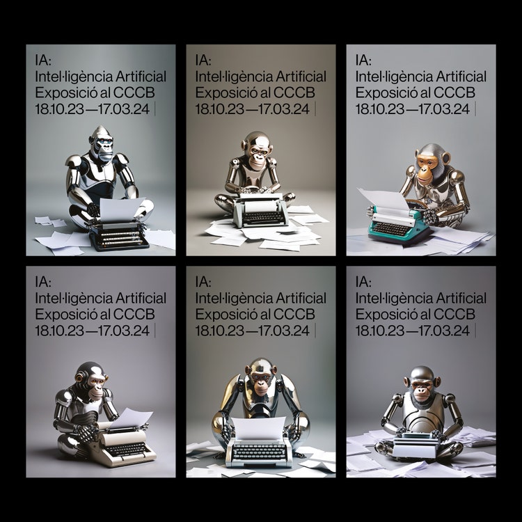 Adobe Firefly 3d created monkeys using typewriters.